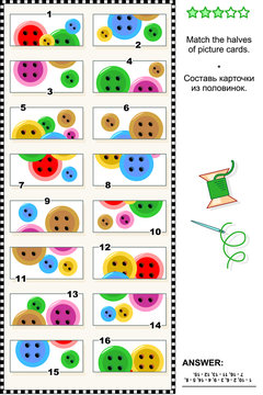 Visual puzzle: Match the halves of picture cards with colorful sewing buttons. Answer included.
