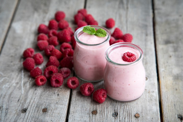 Yogurt smoothie with raspberries, fruit dessert. Berry smoothie. healthy dieting concept