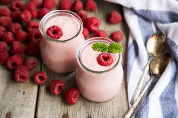 Yogurt smoothie with raspberries, fruit dessert. Berry smoothie. healthy dieting concept