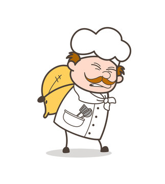 Cartoon Old Chef Having Lots of Burden