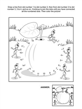 Connect the dots picture puzzle and coloring page - apple and ants. Answer included.
