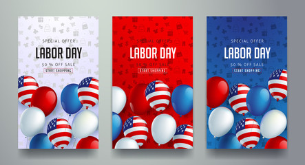 Labor day sale promotion advertising banner template decor with American flag balloons design .American labor day wallpaper.voucher discount.Vector illustration .