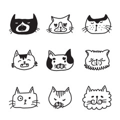 Fototapeta premium Head cats doodle set.