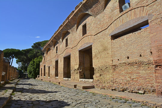 The ruins insulae apartment buildings in Ostia Antica, Rome's ancient port before the river silted, it fell into decay and was abandoned in the 9th century.