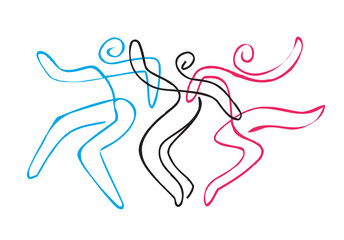 Folk dance group line art.
Three lively dancers, line art stylized. Vector available.