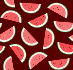Watermelon, background, seamless, colorful, vector. Ripe slices of watermelon on a dark Burgundy background. Vector seamless pattern. 