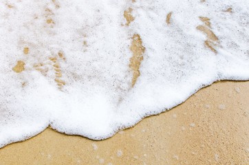 top view of soft sea wave on sand at the beach, beach background and summer concept, sunlight effect, copy space