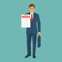 Businessman in suit with briefcase, hold Offer job. Recruitment concept. Search for employee, colleagues. Ad on paper. Vector illustration flat design. Isolated on background. New work.