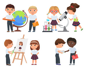 Cute pupils boys and girls. School kids vector illustratrion.