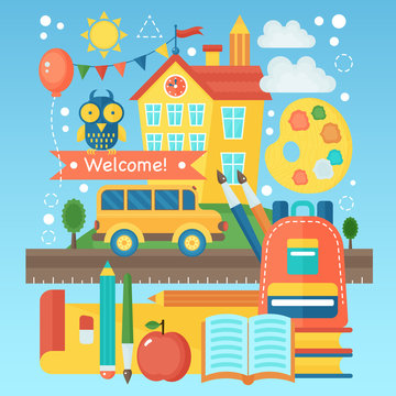 Back To School Banner with school building, bus and education icons. Vector Flat Illustration. School Education Concept. Vector illustration.