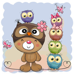 Fototapeta premium Cute Cartoon Teddy Bear and five Owls