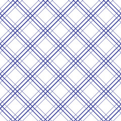 Geometric plaid diagonal line blue and white minimalistic vector pattern. Checkered background.