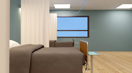 Empty blue hospital room. Copy space