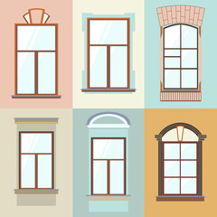 Vector collection of various windows types. For interior and exterior use. Flat style.