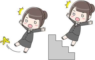 階段とバナナの皮で転びそうなリクルートスーツの女性