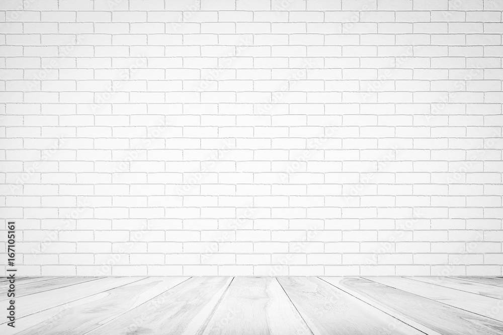 Aufkleber white brick wall texture with wood floor , empty abstract background for presentations and web desig