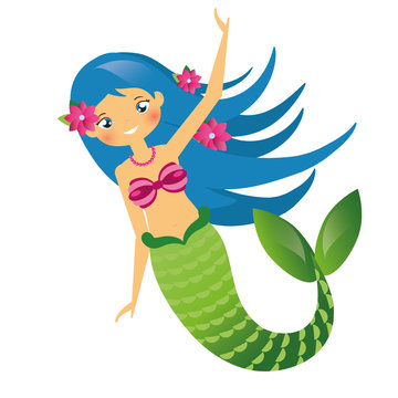 Cute Mermaid character in Cartoon Style. Blue haired undine. vector illustration