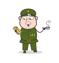 Cartoon Sergeant Holding a Book and Hot Coffee Vector Illustration