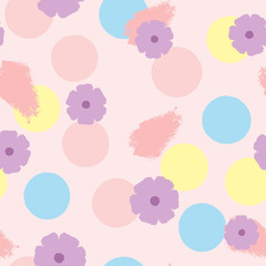 Seamless pattern with flowers, circles and brushstrokes. Drawn by hand. Watercolor, ink, sketch. Pastel. Purple, pink, yellow, blue color.