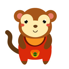 Fototapeta premium Cute monkey in red jumpsuit. Cartoon kawaii animal character. Vector illustration for kids and babies fashion