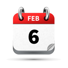 Bright realistic icon of calendar with 6 february date isolated on white