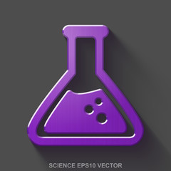 Flat metallic Science 3D icon. Purple Glossy Metal Flask on Gray background. EPS 10, vector.