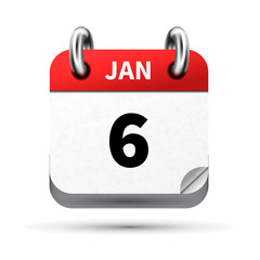 Bright realistic icon of calendar with 6 january date isolated on white