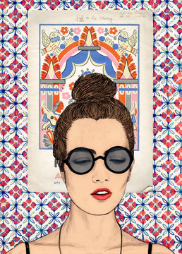 Pretty Young Woman wearing Glasses with Mexican Wallpaper