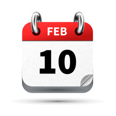 Bright realistic icon of calendar with 10 february date isolated on white