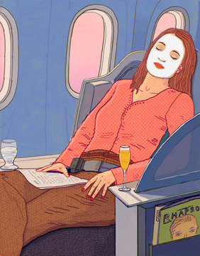 Woman Sleeping on Plane wearing Beauty Mask with Champagne