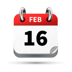 Bright realistic icon of calendar with 16 february date isolated on white