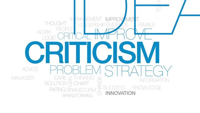 Criticism animated word cloud, text design animation. Kinetic typography.