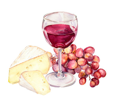 Cheese, grape and red wine glass. Watercolour