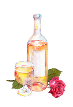 Wine glass, wine bottle with pink or white wine and red rose flower. Watercolor