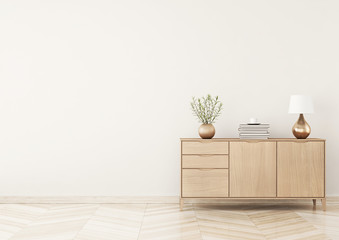 Living room interior with chest of drawers, plants and lamp on beige wall background. Empty space on left. 3D rendering.