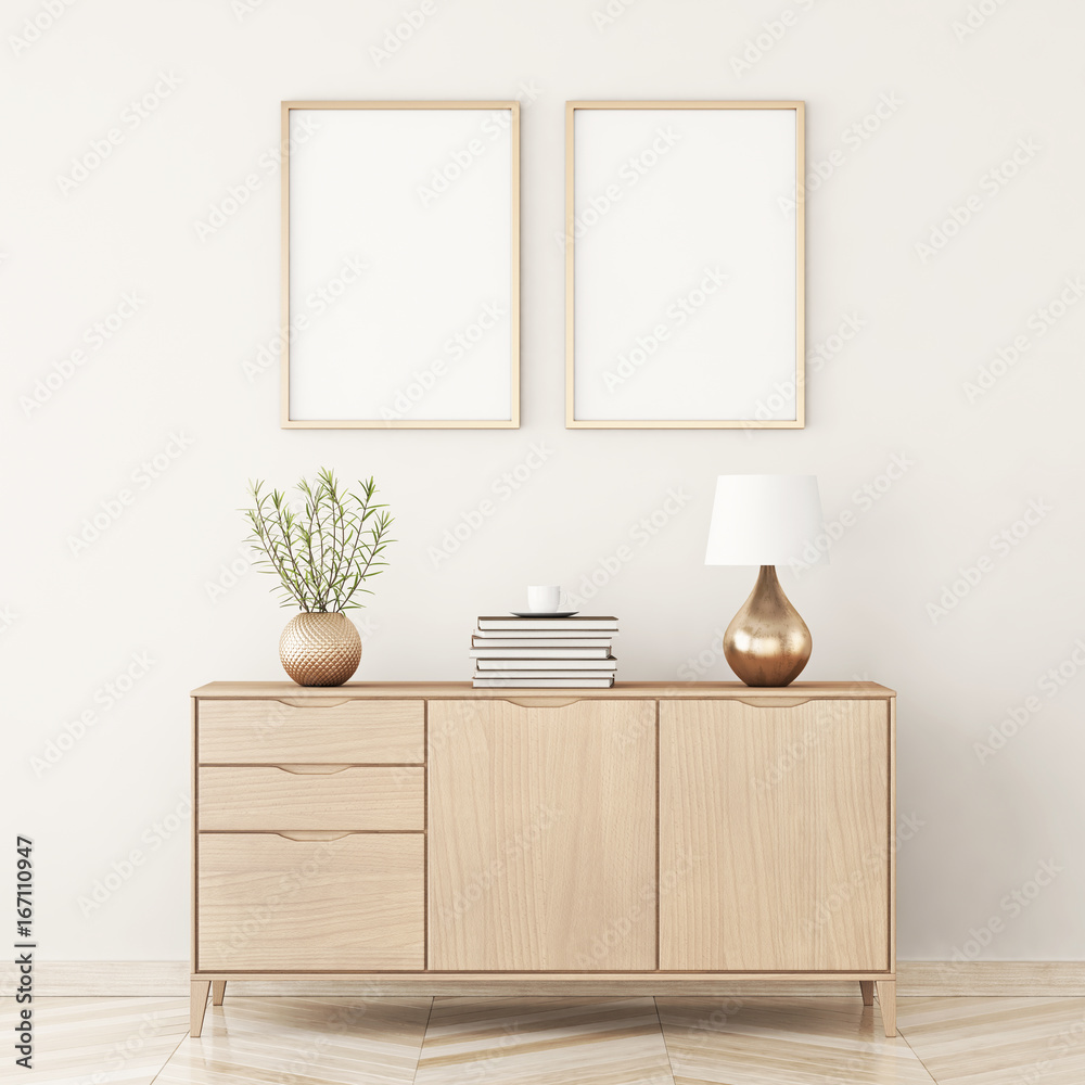Poster Poster mock up with two frames composition in living room interior. 3D rendering.