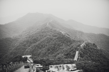 Mutianyu section of Great Wall of China. Black and white image.
