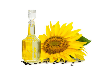 Sunflower seed oil and sunflower isolated on white background