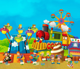 cartoon funfair - amusement park with steam train  - illustration for children
