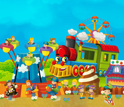 cartoon funfair - amusement park with steam train  - illustration for children