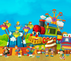 cartoon funfair - amusement park with steam train  - illustration for children