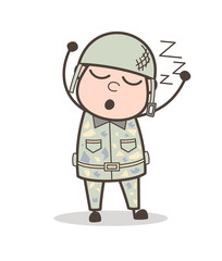 Cartoon Tired Army Man Sleeping and Snoring Vector Illustration