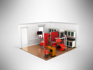 Isometric dentist office red 3d rendering on gray background