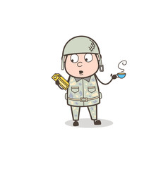 Cartoon Sergeant Holding a Book and Drinking a Hot Tea Vector Illustration