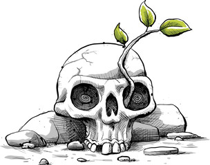 A fresh, cartoon sapling with green leaves grows from the eye of a weathered skull.