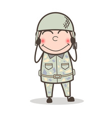 Cartoon Shy Army Man Smiling Vector Illustration