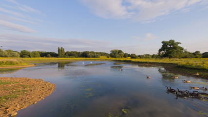 Obraz premium Aerial view over a lake in the summer late afternoon