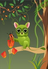 Tarsier eats bug vector illustration