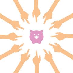 Viele Hände zeigen auf - Schwein - Sparschwein