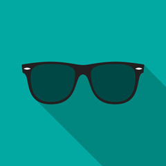 Sunglasses icon with long shadow. Flat design style. Sunglasses simple silhouette. Modern, minimalist icon in stylish colors. Web site page and mobile app design vector element.